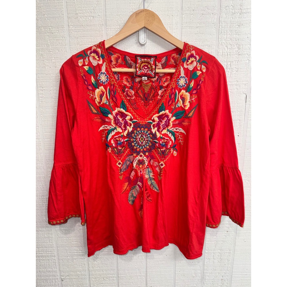 Johnny Was Embroidered Top Women Red Boho Floral Bell Sleeve Small